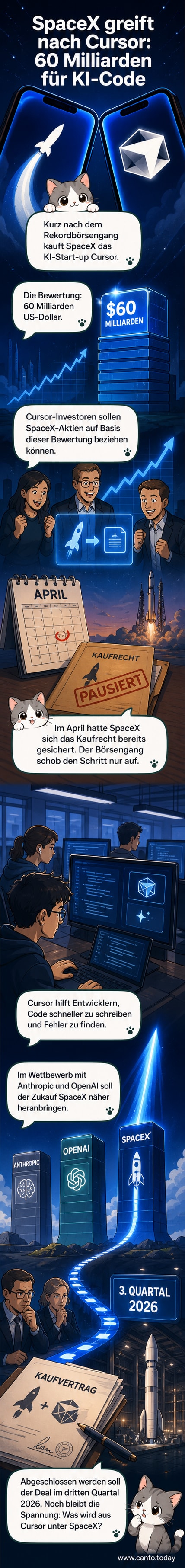Illustration eines Raketenlogos neben einem schwebenden KI-Code-Editor, der bläulich leuchtet, mit Pfeilen, die auf eine Übernahme hinweisen.