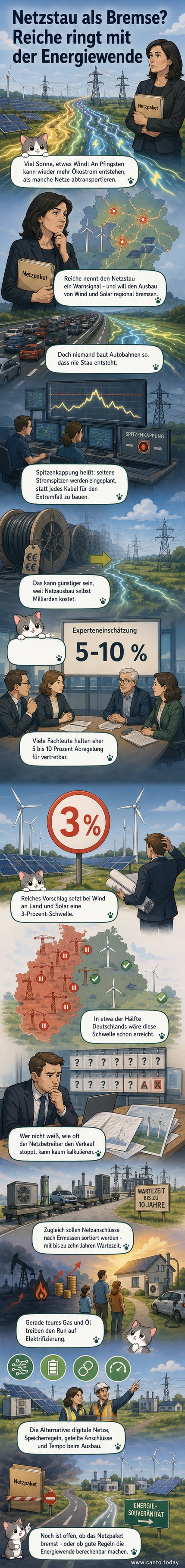 Illustration eines überlasteten Stromnetzes mit abgeregelter Windkraft und Sonnenenergie, während daneben ein Auto auf einer vollen Autobahn steht – symbolisch für den Vergleich von Verkehrs- und Stromstau.