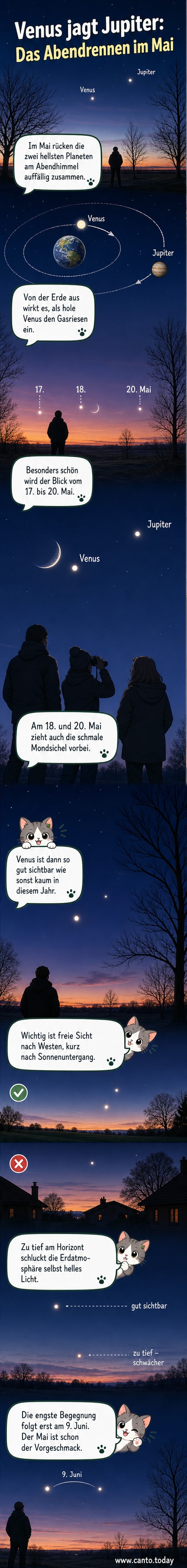 Abendhimmel mit Venus und Jupiter, die sich optisch nähern, begleitet von einer schmalen Mondsichel im Westen.