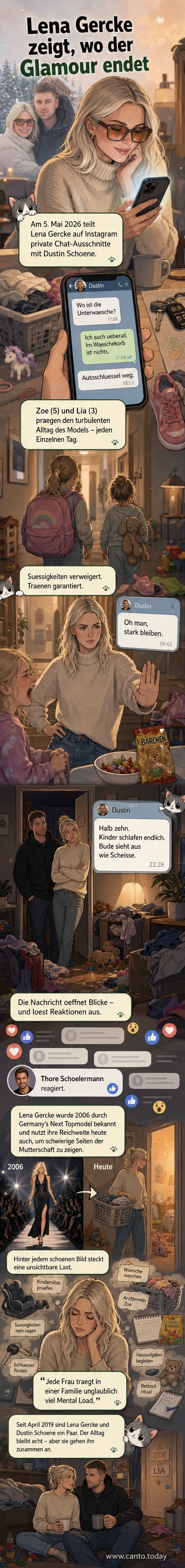 Illustration einer chaotischen Familienküche abends, mit verstreuten Spielsachen, offenen Schränken und zwei erschöpften Eltern, die aufs Handy starren.