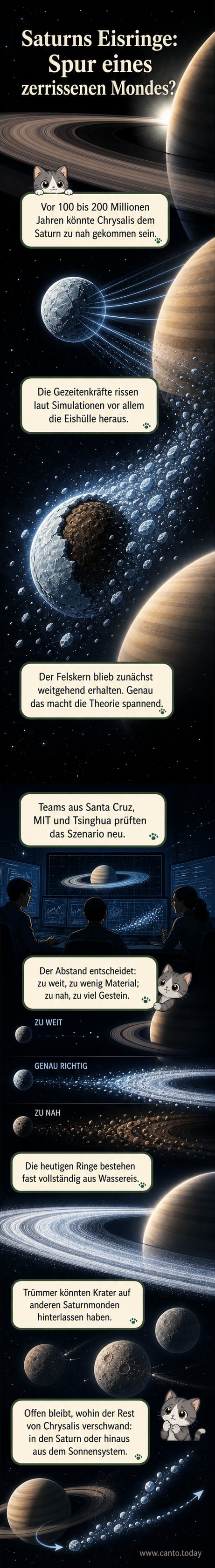 Künstlerische Darstellung der Zerstörung des Mondes Chrysalis durch die Gezeitenkräfte des Saturn, wobei seine eisige Hülle abgerissen wird und die heutigen Ringe bildet.