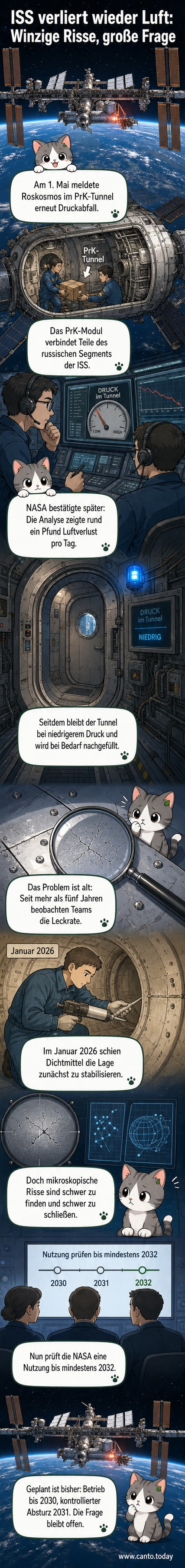 Darstellung des russischen PrK-Moduls an der ISS mit markiertem Leckbereich und Astronauten bei Inspektionsarbeiten im Hintergrund.