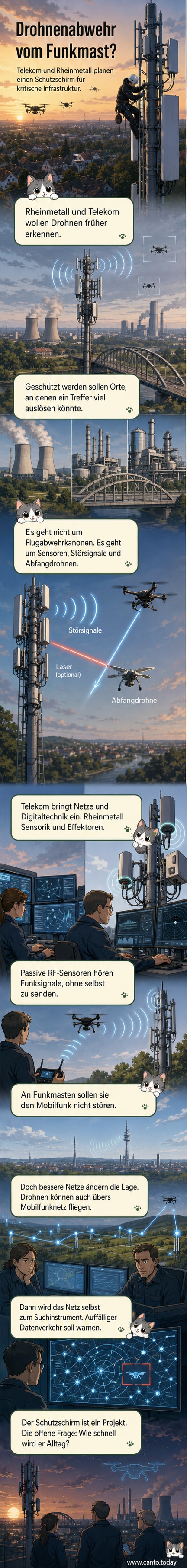 Zwei deutsche Unternehmen, dargestellt als Industrieroboter und Funkmast, entwickeln gemeinsam ein digitales Abwehrsystem gegen Drohnen über einer Stadt mit Kraftwerk und Brücke.