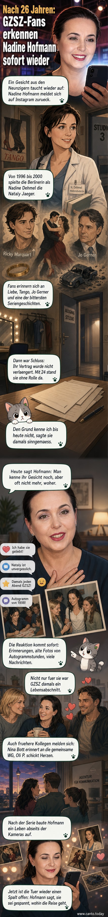 Nadine Hofmann, ehemalige GZSZ-Darstellerin, lächelt in die Kamera, während alte Serienbilder im Hintergrund eingeblendet werden.