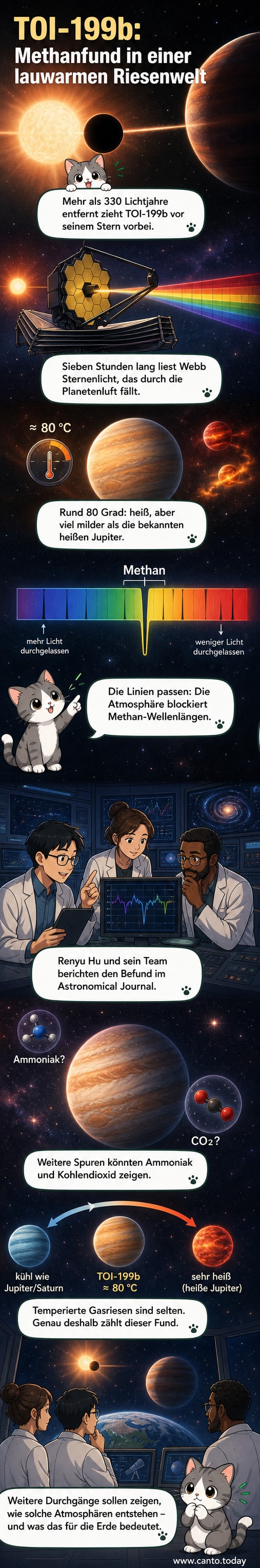 Künstlerische Darstellung des Exoplaneten TOI-199b vor seinem Stern, mit sichtbarem Lichtdurchbruch durch die Atmosphäre, analysiert vom James-Webb-Teleskop.