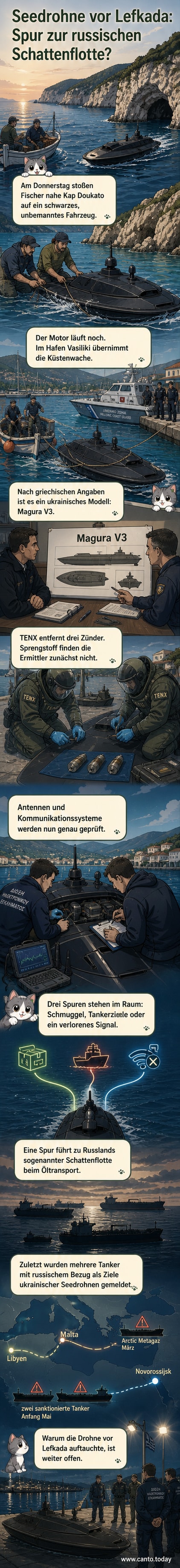 Zeichnung einer schwarzen Seedrohne im Wasser vor einer felsigen Küste, Fischer im Hintergrund melden das Fundstück per Funk.