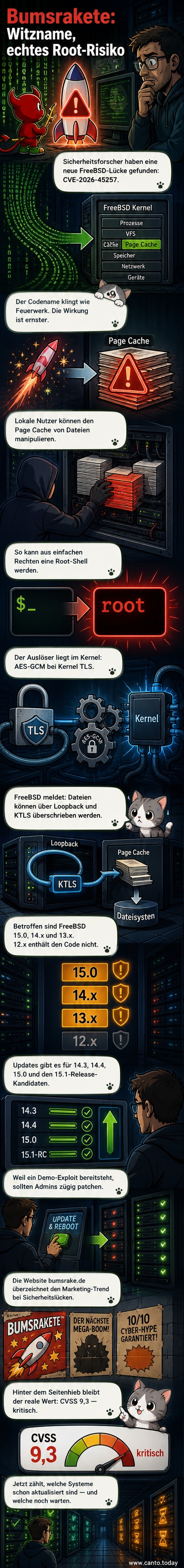 Illustration einer Rakete mit lächelndem Gesicht, die über einem FreeBSD-Logo explodiert – satirisch, aber mit Hinweis auf eine echte Sicherheitslücke im Kernel.