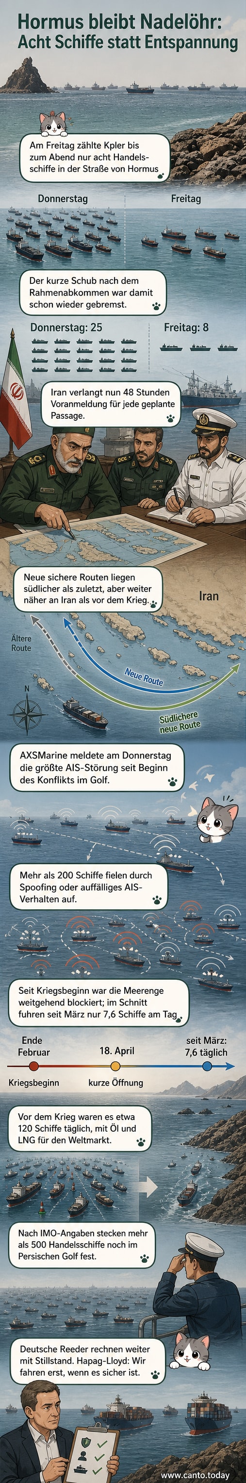 Karte der Straße von Hormus mit eingezeichneten Schifffahrtsrouten und Symbolen für Schiffe, darunter ein Hinweis auf nur acht Durchfahrten am Freitag.