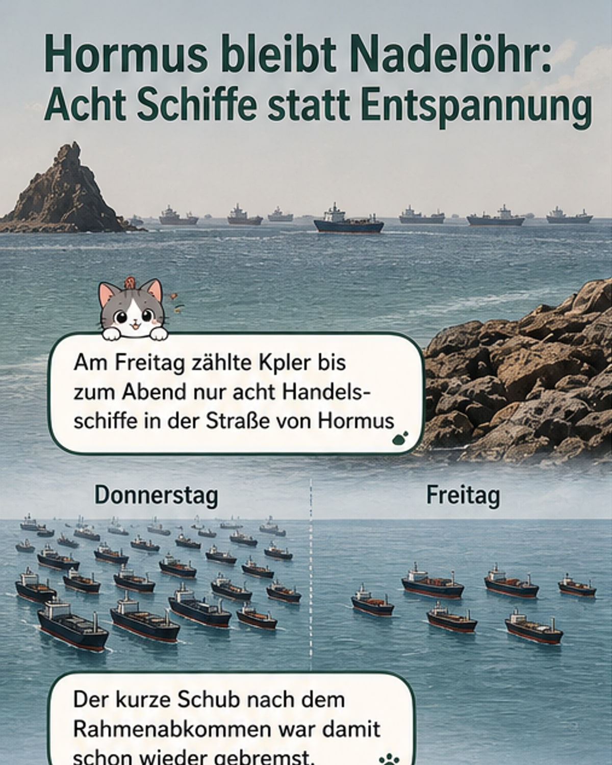 Karte der Straße von Hormus mit eingezeichneten Schifffahrtsrouten und Symbolen für Schiffe, darunter ein Hinweis auf nur acht Durchfahrten am Freitag.