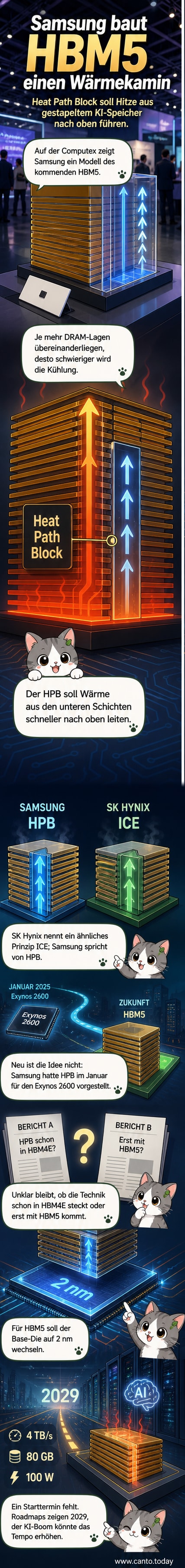Darstellung eines HBM5-Speicherstapels mit integriertem Heat Path Block, der die Wärme von unten nach oben ableitet.