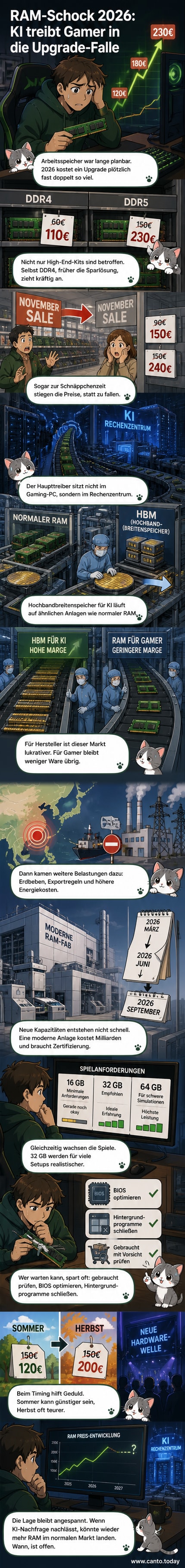 Ein Stapel DDR4- und DDR5-Arbeitsspeicher-Module mit Preisschildern, die nach oben zeigen, im Hintergrund ein KI-Rechenzentrum und eine Produktionsanlage.