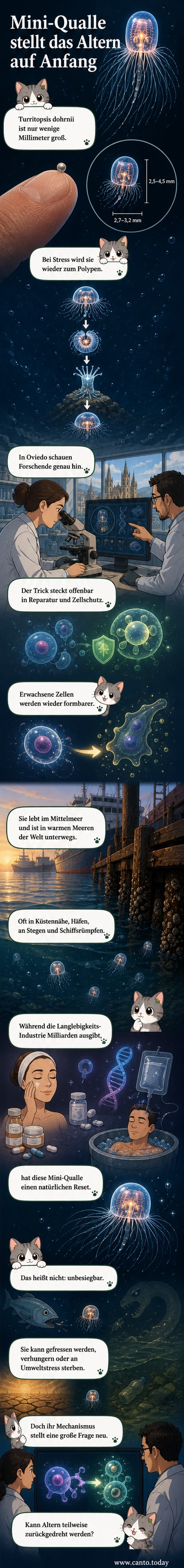 Künstlerische Darstellung der Mini-Qualle Turritopsis dohrnii im Wasser, vergrößert, mit Zellstruktur im Hintergrund, die Verjüngung andeutend.