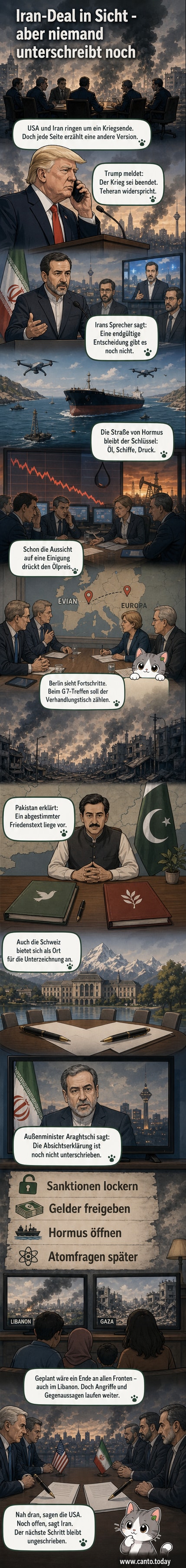 Illustration eines diplomatischen Tisches mit Flaggen von USA, Iran und Schweiz, im Hintergrund symbolische Darstellung von Raketen und Öltankern.