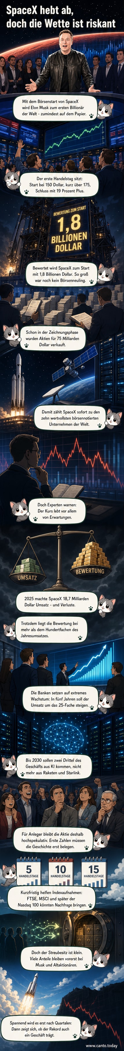 Elon Musk vor einer SpaceX-Rakete, im Hintergrund die Nasdaq-Börse mit steigendem Aktienkurs.
