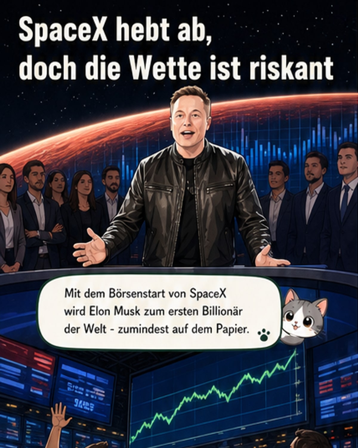 Elon Musk vor einer SpaceX-Rakete, im Hintergrund die Nasdaq-Börse mit steigendem Aktienkurs.