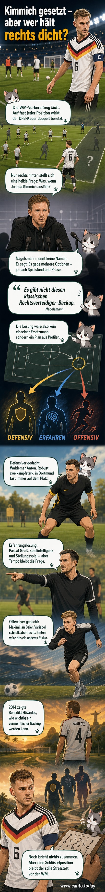 Fußballspieler Joshua Kimmich im DFB-Trikot, umgeben von taktischen Linien, die mögliche Abwehrpositionen zeigen – mit Fragezeichen auf der rechten Seite.