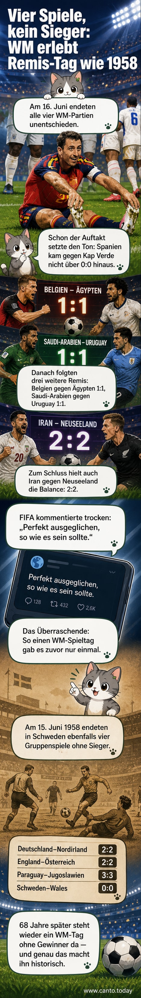 Fußballstadion bei Dämmerung, zwei Spieler stehen sich gegenüber, im Hintergrund steht '0:0' auf einer digitalen Anzeigetafel, symbolisch für einen tagelangen Remis-Reigen bei der WM 2026.
