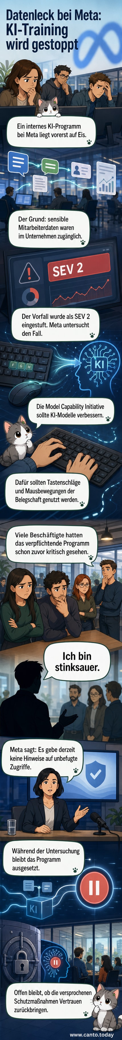 Ein abstraktes Netzwerkdiagramm mit roten Warnsymbolen, das ein Datenleck in Meta's internem KI-System darstellt.