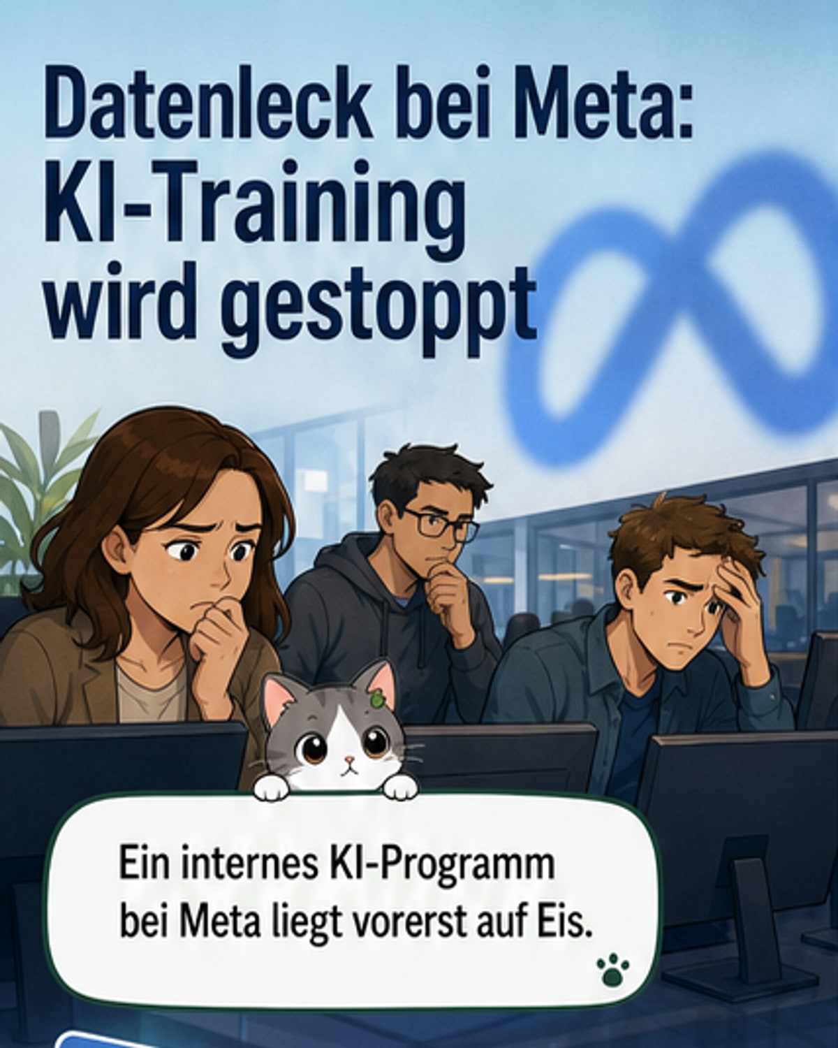 Ein abstraktes Netzwerkdiagramm mit roten Warnsymbolen, das ein Datenleck in Meta's internem KI-System darstellt.