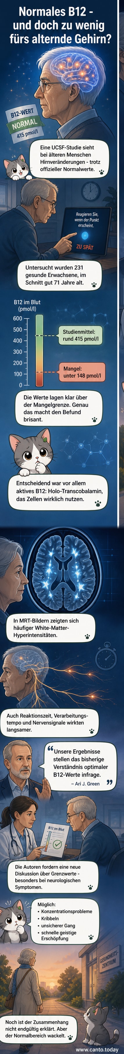 Illustration eines menschlichen Gehirns mit farblich hervorgehobenen Bereichen für weiße Substanz und Nervenbahnen, daneben ein Bluttest zur Messung von Vitamin B12.