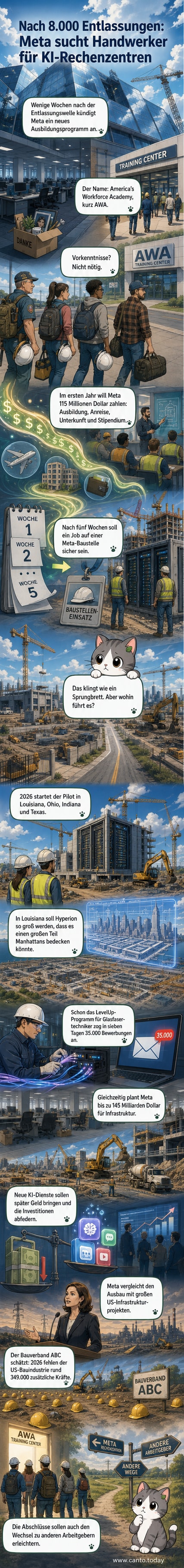 Illustration eines modernen Rechenzentrums mit Arbeitern, die Kabel und Server installieren, während ein Meta-Logo im Hintergrund leuchtet.