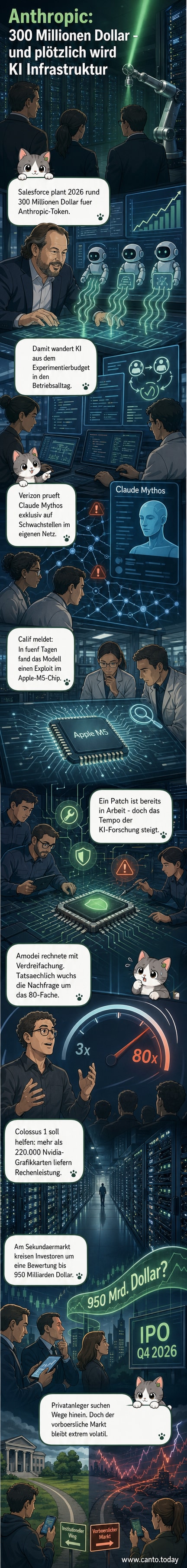 Illustration eines digitalen Netzwerks, durch das KI-Agenten wie kleine Lichtpunkte fließen; im Hintergrund die Logos von Salesforce und Anthropic.
