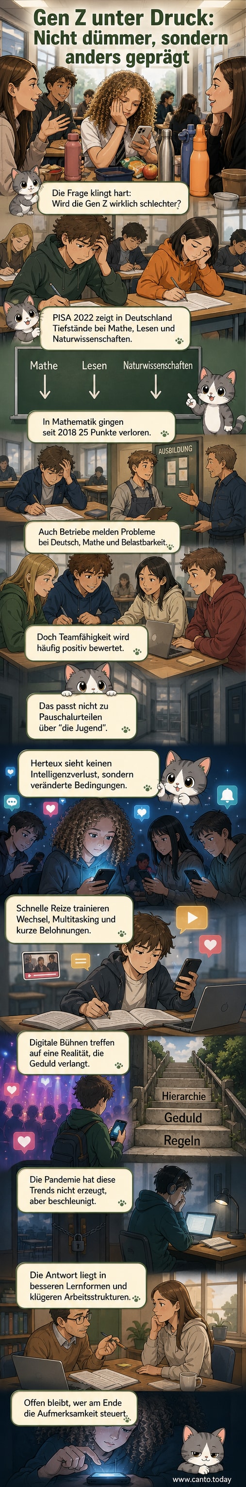 Eine junge Person sitzt vor einem beleuchteten Smartphone, während um sie herum digitale Symbole wie Pfeile, Noten und Zahlen in die Luft projiziert werden – symbolisch für kognitive Überlastung und Aufmerksamkeitsverschiebung.