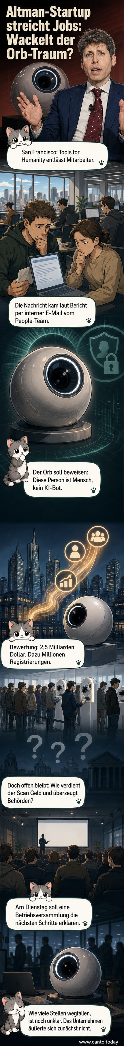 Eine glänzende, volleyballgroße Kugel scannt ein Auge; daneben steht Sam Altman, der CEO von OpenAI und Mitbegründer von Tools for Humanity.