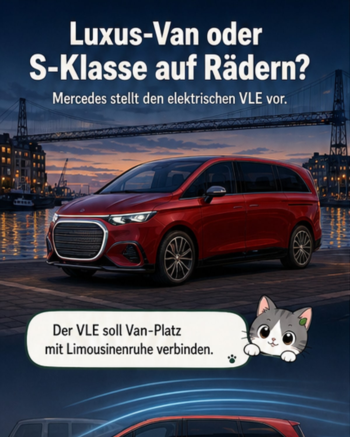Mercedes VLE, ein elektrischer Großraumvan in fließender Silhouette, steht vor urbaner Kulisse. Das Design verbindet Eleganz mit Funktionalität, im Hintergrund sind Schiebetüren und ein flacher Luftwiderstandsbeiwert von 0,25 angedeutet.