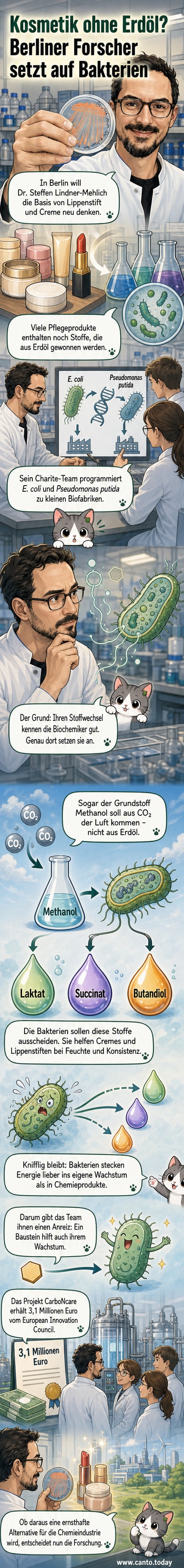 Ein Forscher der Charité hält eine Petrischale mit Bakterienkulturen, während im Hintergrund ein Diagramm der biochemischen Umwandlung von CO₂ in Kosmetikinhaltsstoffe zu sehen ist.