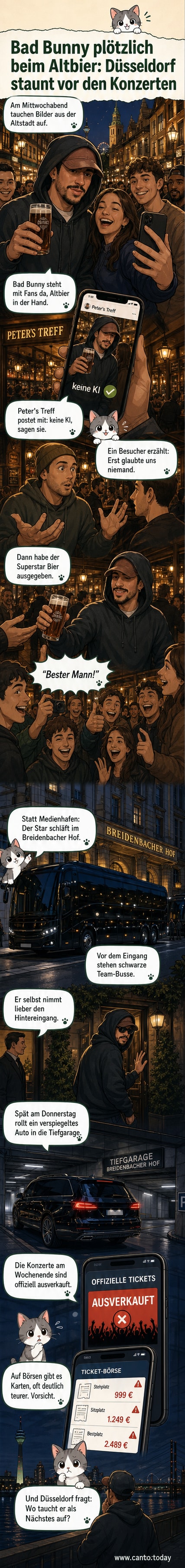 Bad Bunny in der Düsseldorfer Altstadt, umgeben von Fans, mit einem Glas Altbier in der Hand.