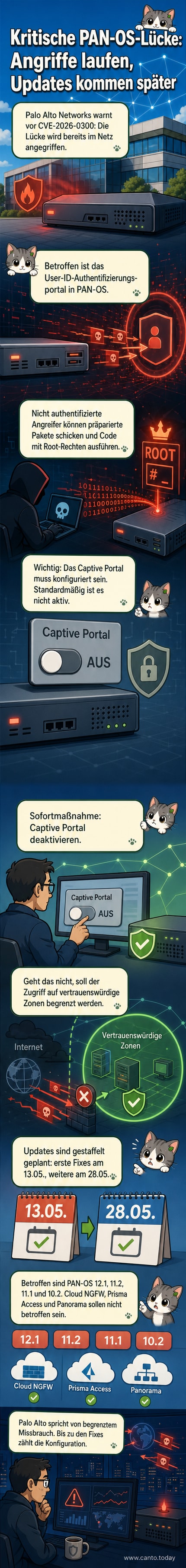 Illustration einer Firewall mit Warnsymbol, dahinter blinkende rote Alarmlichter und ein Hacker-Silhouetten-Icon, das auf ein Netzwerkportal zielt.