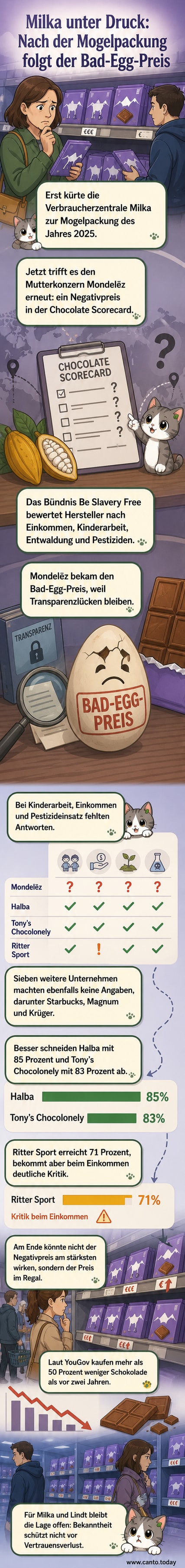 Eine Milka-Schokoladentafel mit der lila Kuh liegt neben einem Symbol für einen Negativpreis, im Hintergrund eine Kakao-Plantage.