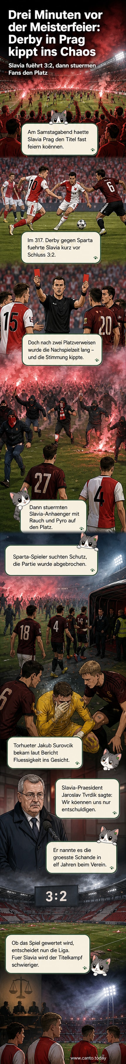 Chaotische Szenen im Fortuna-Stadion: Fans stürmen das Feld, während Spieler zurückweichen und Rauchkörper brennen.
