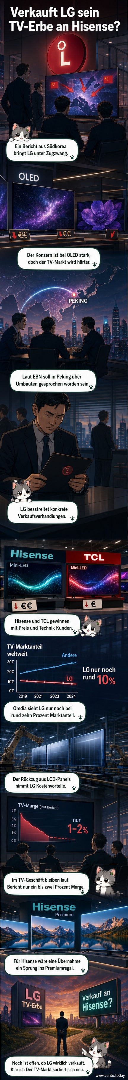 Zwei Fernseher nebeneinander: links ein LG-Modell mit Logo, rechts ein Hisense-Gerät – symbolisiert den Wettbewerb zwischen südkoreanischem Traditionshersteller und aufstrebendem chinesischem Konkurrenten.