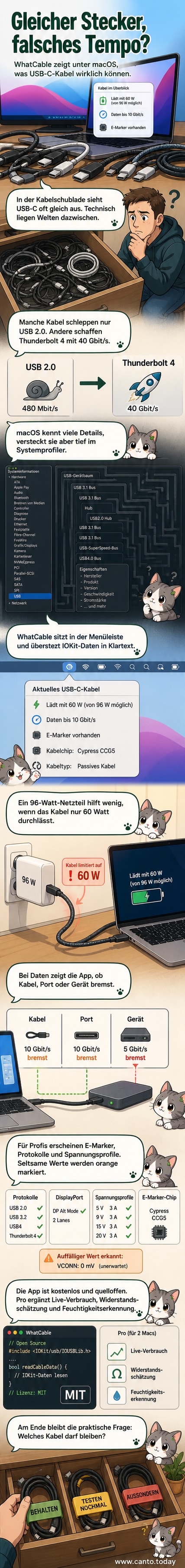 Ein MacBook ist über ein USB-C-Kabel verbunden, daneben erscheint ein Menü mit technischen Details zum Kabel: Stromstärke, Datenrate und Warnhinweis.