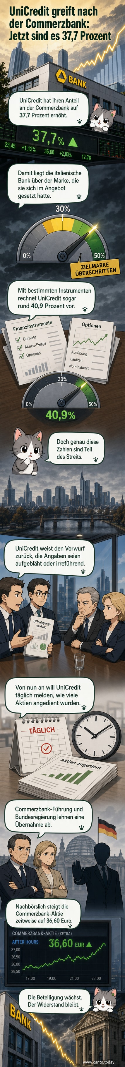 Zwei Bankgebäude – eines italienisch, eines deutsch – mit einem Aktienkurs-Chart dazwischen, der einen Anstieg zeigt.