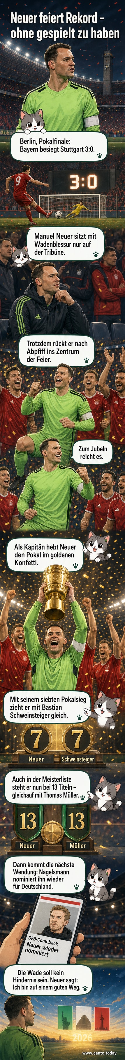Manuel Neuer im Trikot feiert mit dem DFB-Pokal, umgeben von jubelnden Bayern-Spielern im Berliner Olympiastadion, Konfetti im Hintergrund.