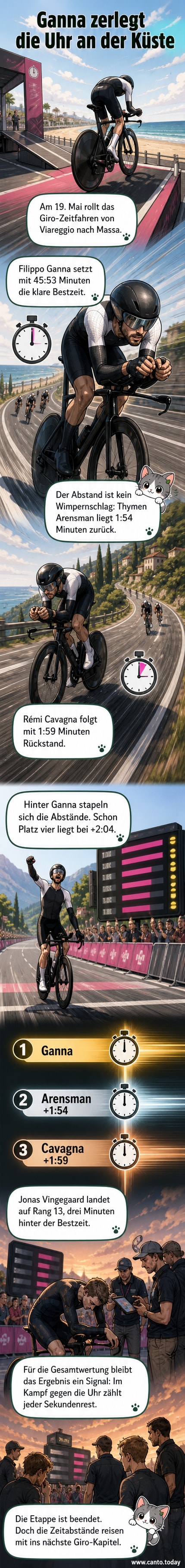 Radfahrer Filippo Ganna im Trikot seines Teams während des Sieges im Einzelzeitfahren der 10. Etappe des Giro d’Italia 2026 auf einer flachen Strecke zwischen Viareggio und Massa.