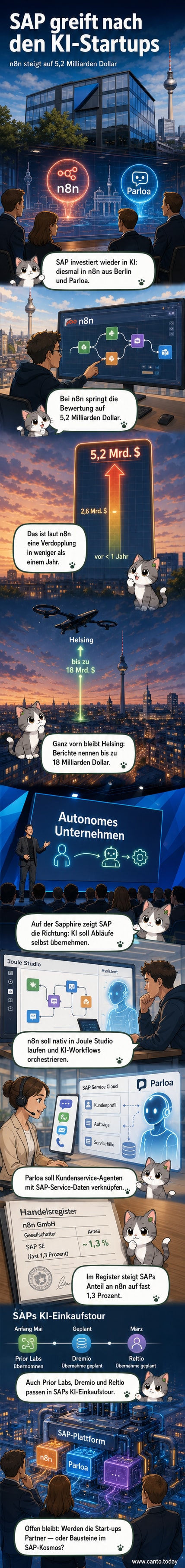 Illustration eines digitalen Netzwerks mit SAP-Logo, das sich mit Start-up-Symbolen für KI und Automatisierung verbindet