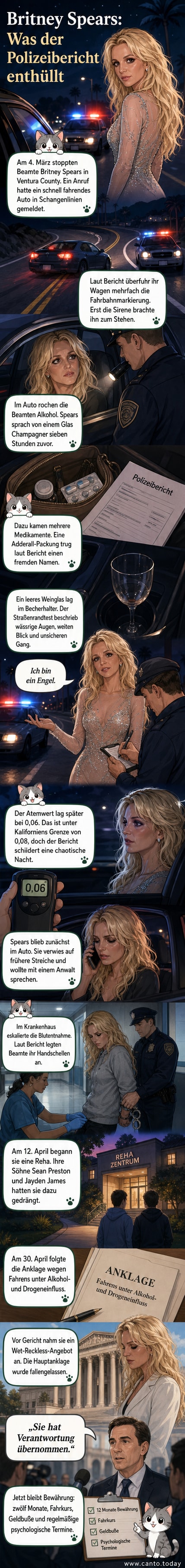 Britney Spears im März 2026 nach ihrer Verhaftung, mit Polizeibeamten und Blaulicht im Hintergrund.
