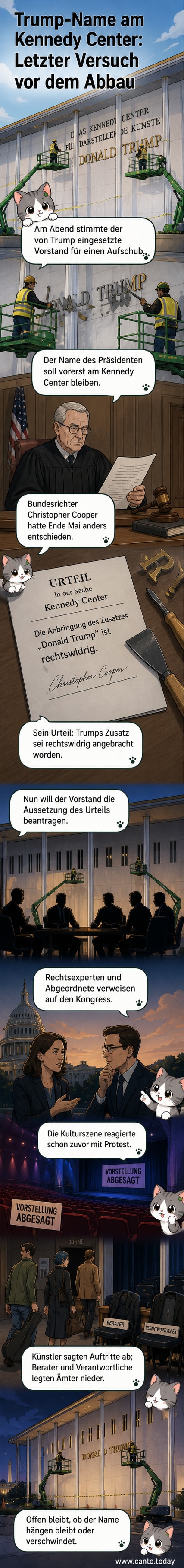 Illustration des Kennedy-Centers mit provisorischem Schild 'Trump Center', umgeben von Protestplakaten und abgesagten Veranstaltungsankündigungen.