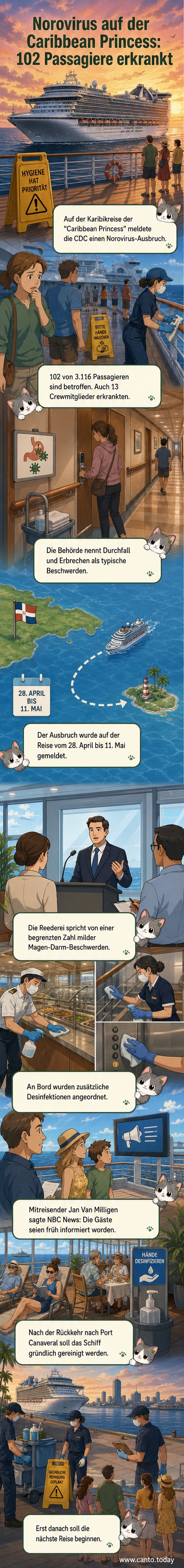Illustration eines Kreuzfahrtschiffs mit Warnschildern und Desinfektionsstationen an Deck, Passagiere mit Masken im Hintergrund