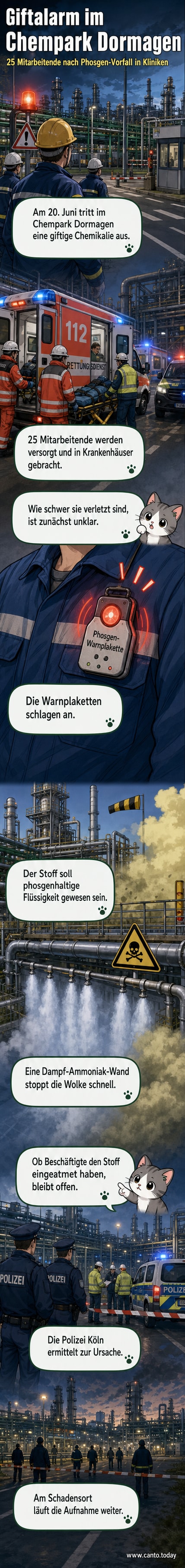 Ein Industriepark mit Rohrleitungen und Warnschildern, schematisch dargestellt, mit einer gelben Wolke über einem Gebäude.