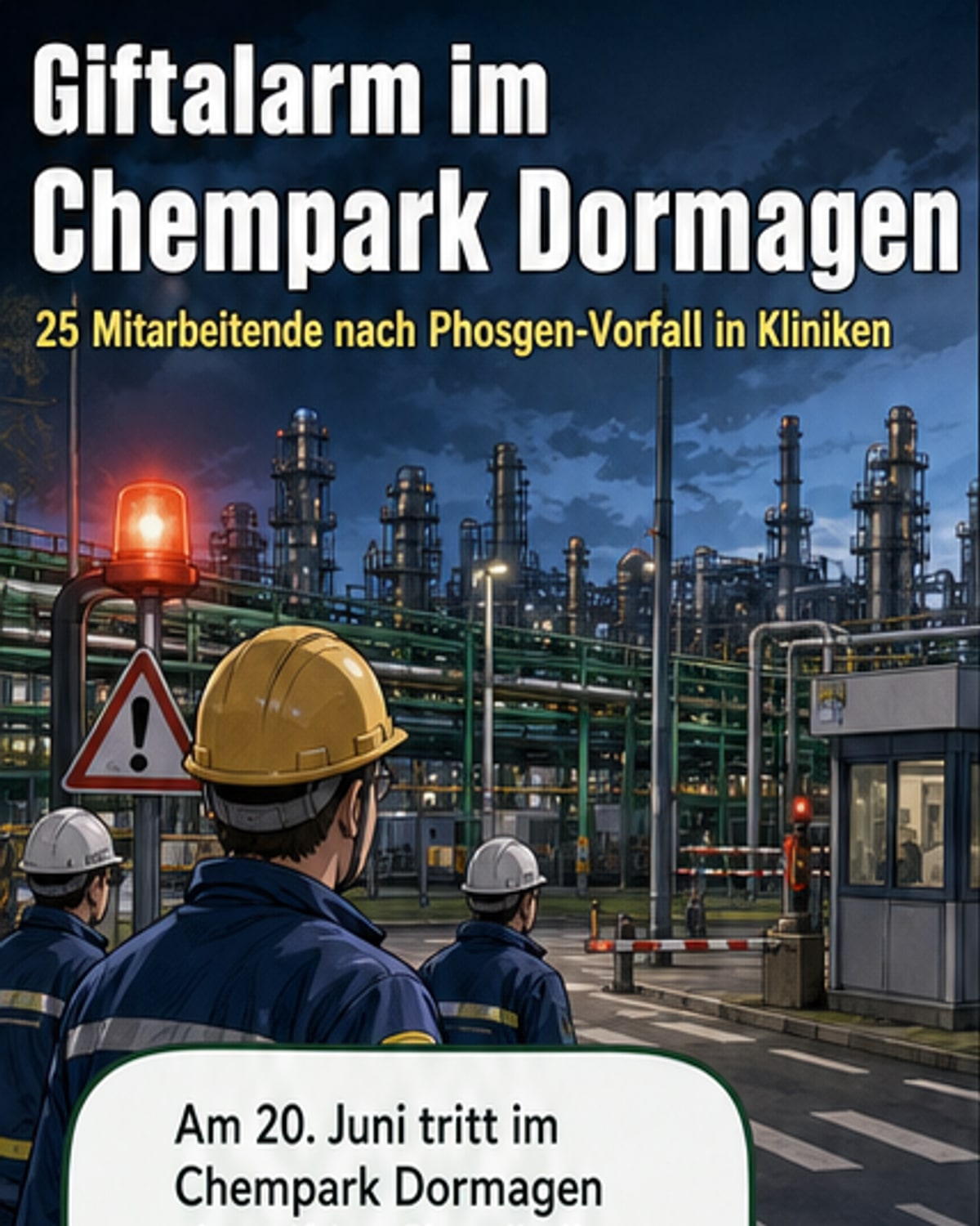 Ein Industriepark mit Rohrleitungen und Warnschildern, schematisch dargestellt, mit einer gelben Wolke über einem Gebäude.