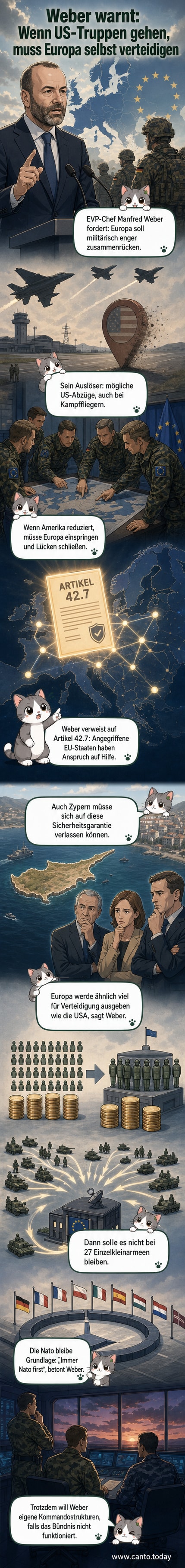 Illustration von Manfred Weber, der vor einer europäischen Flagge steht und auf eine gemeinsame Armee verweist, während im Hintergrund symbolisch Truppen und Waffen dargestellt sind.