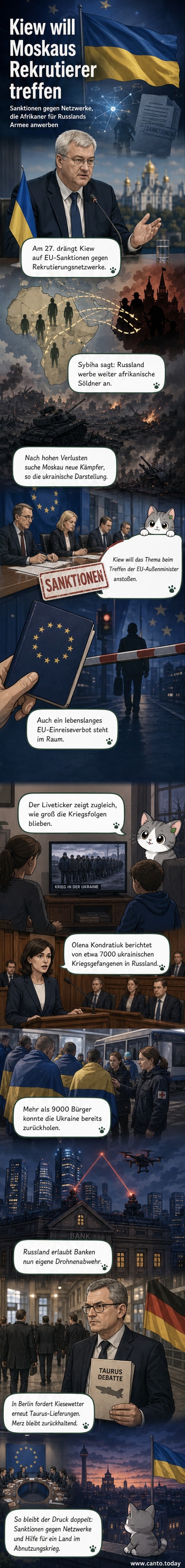 Illustration eines diplomatischen Gipfels mit EU-Flaggen, vor dem Demonstranten mit Plakaten gegen die Rekrutierung afrikanischer Söldner für Russland protestieren.
