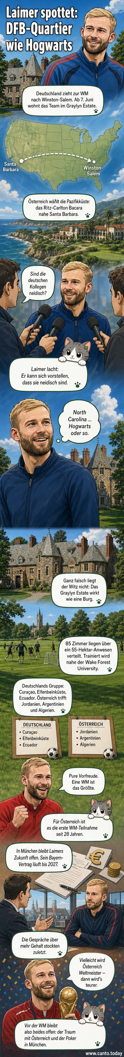 Konrad Laimer im Trikot des FC Bayern, im Hintergrund das schlossartige Graylyn Estate und das moderne Ritz-Carlton Bacara als Kontrast der WM-Quartiere.