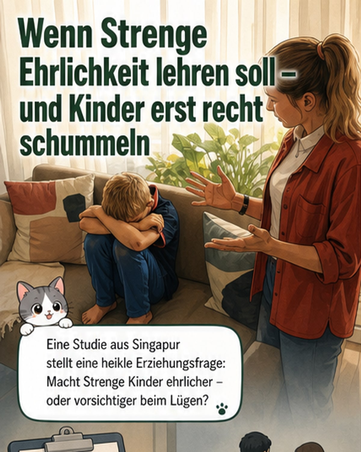 Ein Kind wirft einen Dartpfeil, während es unsicher zur Tür blickt – im Hintergrund steht eine Dartscheibe und eine markierte Linie am Boden.