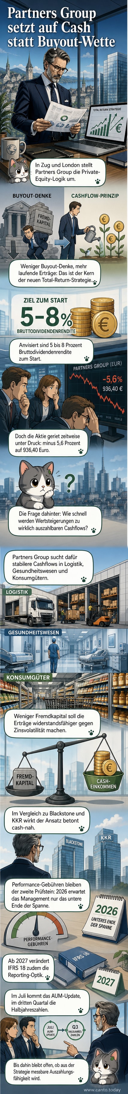 Illustration eines Finanzmanagers, der von einem klassischen Buyout-Modell zu einem Dividenden- und Cashflow-fokussierten Ansatz wechselt, mit Grafiken zu Renditen und Kapitalstruktur.